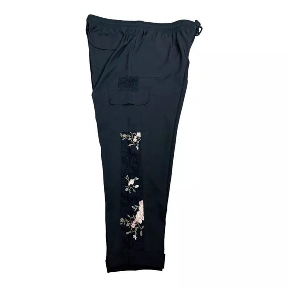 Knox Rose Cargo Pants XL Embroidered Lace Pocket Cuff Floral Black Drawstring - Picture 1 of 7